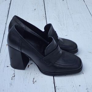 Cafenoir Women's Black Block High Heels Leather Loafers Sz US 8.5 EU 39 PLZ READ